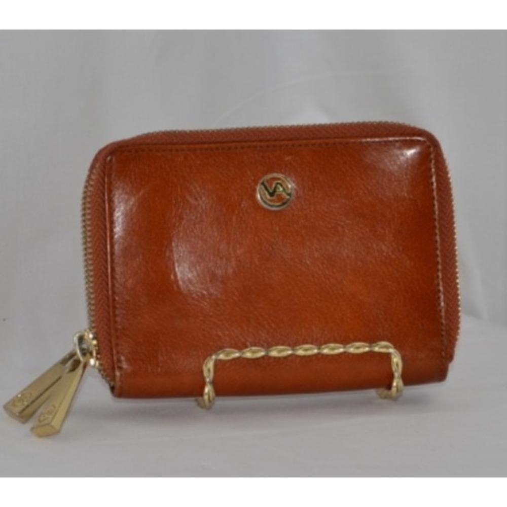Valentina Italian Double Zip Around Close Wallet Cognac Brown Leather
